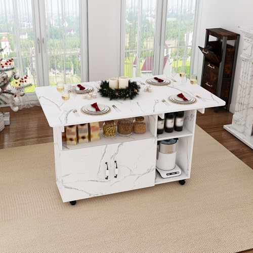 KEIKI 47 Inch Foldable Dining Table, Multi-Functional Folding Table with Storage Shelves and Wheels, Drop Leaf Extendable Dining Desk, Versatile Foldable Side Table for Kitchen, Dorm, Office, White - color: White