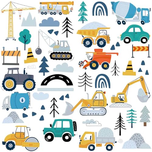 Construction Vehicles Wall Decals - 90Pcs (6 Sheets) Peel & Stick Removable Wall Stickers for Boys Room, Nursery, Playroom - Trucks, Excavator, Crane Theme Boho Kids Bedroom Decor, Easy DIY - color: Construction