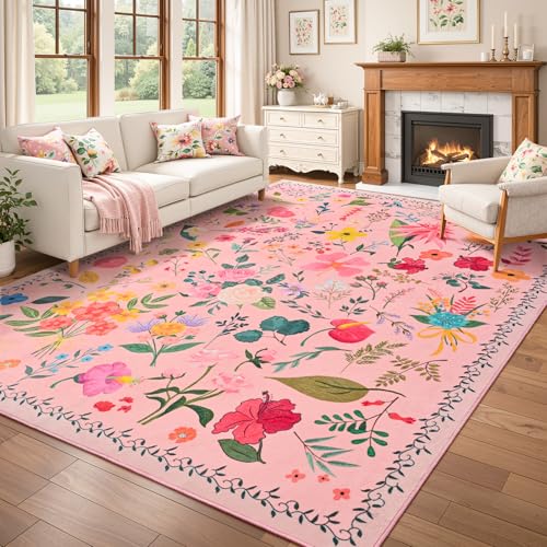 ISEAU Pink Rug for Bedroom 4x6 Area Rugs for Kids Room Dorm Rug, Non Slip | Floral Rug with Non-Slip Botton, Low-Pile and Washable Indoor Carpet for Playroom Nursery Dining Room Dorm Decor - color: Pink, size: 4ftx6ft