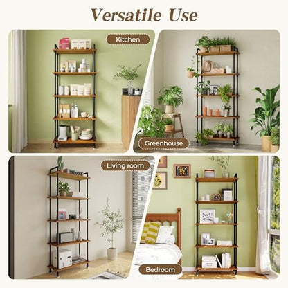 Industrial Bookshelf, Pipe Shelf Bookcase, 5 Tier, 30" Rustic Brown | Solid pine shelves, 30 inch wide, black pipe frame, 35 lbs per shelf, open bookcase for books, plants, office - color: Rustic Brown, size: 30"L × 70"H