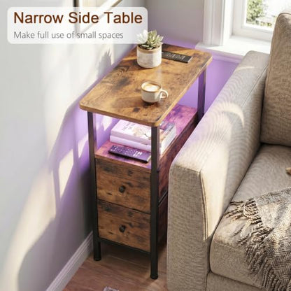 Narrow End Table with Charging Station, Small Nightstand | Skinny Side Tables Living Room with 2 Fabric Drawers, Slim Bedside Table with LED Lights for Bedroom, Small Spaces, Brown - color: Rustic Brown, size: 23.22''H (2 Drawers), style: Power + Light