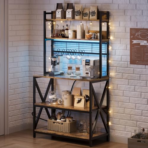 Yaheetech 5-Tier Bakers Rack with Power Outlet & LED Lights,Rustic Brown | 64 Inches Tall Microwave Oven Stand with Storage for Spices,Pots,Engineered Wood and Metal shelves,Coffee Bar Table - color: Rustic Brown