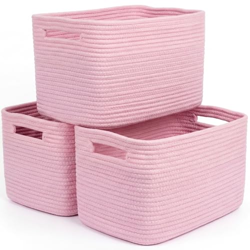 Storage Baskets for Organizing, 14 x 10 x 9” Closet Shelf Woven Baskets, Square Bins with Handles, Cotton Rope Basket for Clothes, Office, Room, Pink 3 Pack - color: Pink, size: 3pcs