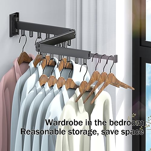 HEILAIYI Clothes Drying Rack,Laundry Drying Rack,Wall Mounted Clothes Rack,Laundry Rack Wall Mount,Folding Retractable Collapsible Drying Rack Clothing (Three-Poles,Loop Shape Hooks) - size: Black/Loop-Shape Hooks