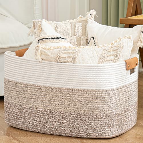 Blanket Basket, 72L Woven Storage basket with Leather Handle, Eco-friendly Decorative Storage Organization in Bathroom & Living Room for Towels 22 ''*17 ''*11.8 '', Gradient Brown - color: Gradient Brown, size: 72L