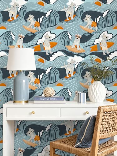 Floralplus Peel and Stick Wallpaper Dog Renter Friendly Wallpaper | Removable, Textured, Waterproof, Stick On Contact Paper, Funny Puppy Blue Wallpaper for Bathroom Nursery, 17.5 x 118 in - color: Blue