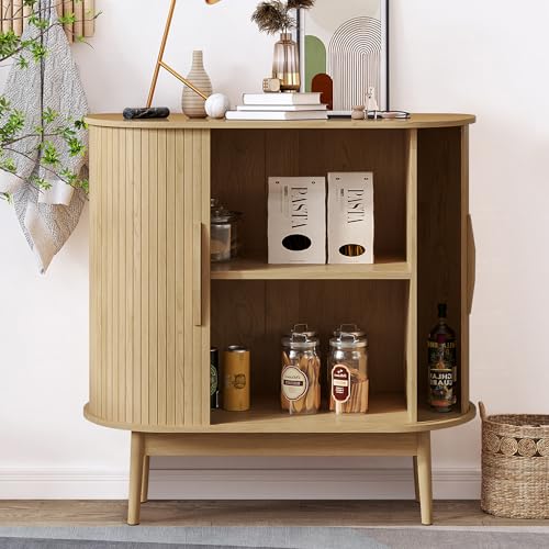 Small Sideboard Buffet Cabinet with Storage & Sliding Doors, 31" (Wood) | Adjustable Shelf, Coffee Bar Cabinet, Modern Buffet Table, for Kitchen, Dining Room, Living Room, Oval, Wooden Legs - color: Oak
