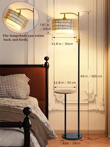 Dimmable Floor Lamp with Table and Marble Base, Arc Floor Lamp with Dimmable Bulb, Boho Farmhouse Standing lamp with Fabric & Rattan Lampshades for Living Room Bedroom (Black and Gold) - color: Black and Gold