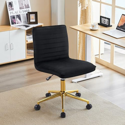Furnimart Black Swivel Armless Desk Chair with Wheels, Small Velvet Upholstered Home Office Chair Mid-Back Adjustable Chair for Bedroom Dorm Living Room (Velvet-Black) - color: Velvet-black