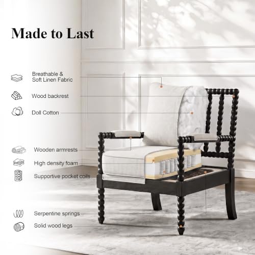 DUHOME Linen Fabric Spindle Accent Chair with Wood Frame,Bobbin Chair with High Resilience Spring Cushion and Armrest Pads, Leisure Armchair for Living Room Bedroom Farmhouse Home Office Belcony - color: Black+cream, size: 1 pc