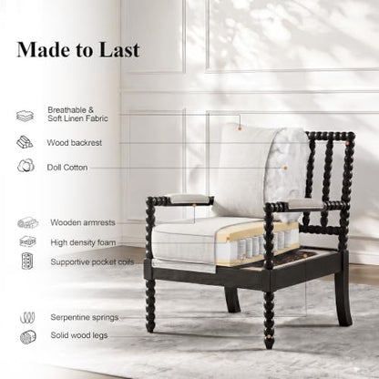 DUHOME Linen Fabric Spindle Accent Chair with Wood Frame,Bobbin Chair with High Resilience Spring Cushion and Armrest Pads, Leisure Armchair for Living Room Bedroom Farmhouse Home Office Belcony - color: Black+cream, size: 1 pc