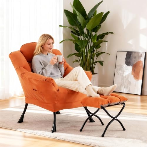 Welnow Lazy Chair with Ottoman, Reading Chair with Footrest，Orange | A Side Pocket,Armrests,Foldable Footrest,Thick Cushioned Seat & Backrest, Lounge Chair for Bedroom,Living Room & Small Space - color: Orange