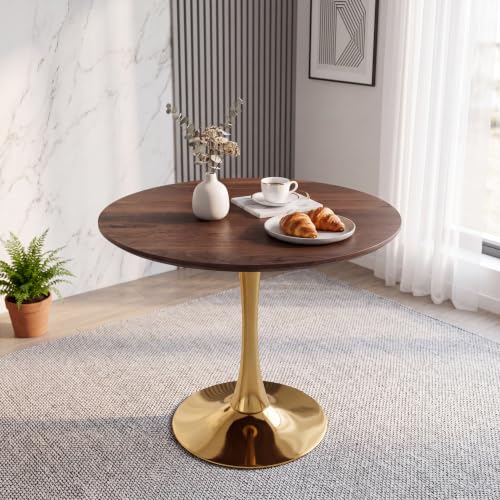31.5" Round Tulip Dining Table, Circle Tulip Table with MDF Tabletop and Gold Metal Pedestal Base, Mid Century Modern Bistro Table for Kitchen, Dining Room, Cafe (Walnut and Gold) - color: Walnut and Gold