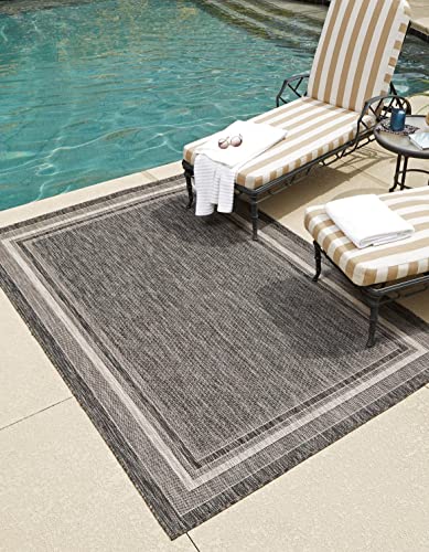Unique Loom Outdoor Border Collection 부분 러그 - 부드러운 테두리 (3.5m x 4.9m(10피트 x 14피트 1인치) 직사각형, 블랙/아이보리) - color: 블랙/아이보리, size: 10' x 14'1" (Rectangular)