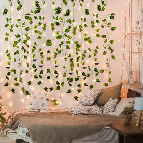 CEWOR 14 Pack 98ft Fake Ivy Vines, Artificial Ivy Garland with 100 LED String Lights, Hanging Plants Greenery Backdrop Green Leaves for Bedroom Room Wall Decor Wedding Party Table Decoration - size: 98ft+100led
