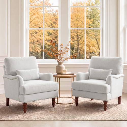Mid-Century Modern Accent Chair with Lumbar Pillow, Ash Grey, 2 Pack | Upholstered Chenille Armchair, Solid Wood Frame & Legs, Comfy Reading Lounge Sofa for Living Room Bedroom, & Small Spaces - color: Chenille Ash Grey, size: 2 Seat