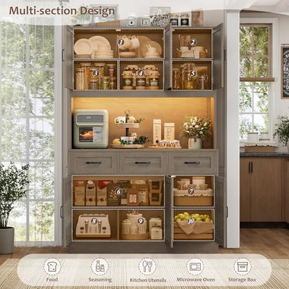 HOSTACK Kitchen Pantry Storage Cabinet, Kitchen Hutch Cabinet, Ash Gray | 47"W Food Pantry Cabinet with Smart LED / Charging Station / Countertop / 3 Large Drawers, 72"H Storage Hutch for Dining Room - color: Ash Gray