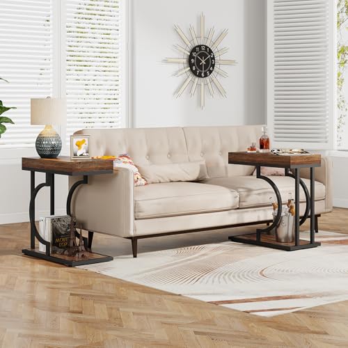 Tribesigns Side Table Set of 2 Narrow Side Table Brown Black C Shaped End Table Modern Bedside Tables for Couch, Small Sofa Tables with Metal Frame for Living Room (2, Rustic Brown+Black) - color: Rustic Brown+black