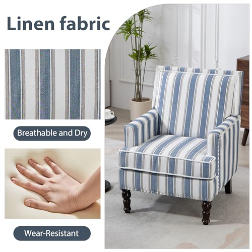 Accent Chair, Comfy Cozy Modern Mid-Century Accent Chairs | Linen Upholstered Lounge Arm chair with Solid Wood Reading Side Padded Single for Living Room/Balcony/Bedroom-Blue Stripe - color: Sackcloth-blue Stripe(s001)
