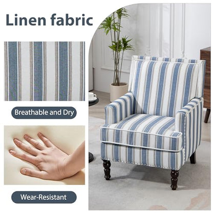 Accent Chair, Comfy Cozy Modern Mid-Century Accent Chairs | Linen Upholstered Lounge Arm chair with Solid Wood Reading Side Padded Single for Living Room/Balcony/Bedroom-Blue Stripe - color: Sackcloth-blue Stripe(s001)