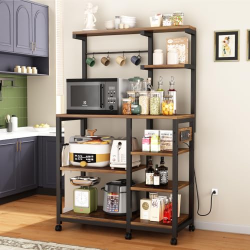 Large Bakers Rack with Power Outlet, Coffee Bar & Microwave Stand | Bakers Rack with Power Outlet, Coffee Bar Station & Microwave Cart, Metal Kitchen Storage Shelf with Wheels - color: Rustic Brown