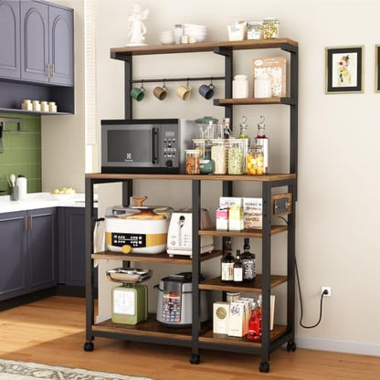 Large Bakers Rack with Power Outlet, Coffee Bar & Microwave Stand | Bakers Rack with Power Outlet, Coffee Bar Station & Microwave Cart, Metal Kitchen Storage Shelf with Wheels - color: Rustic Brown