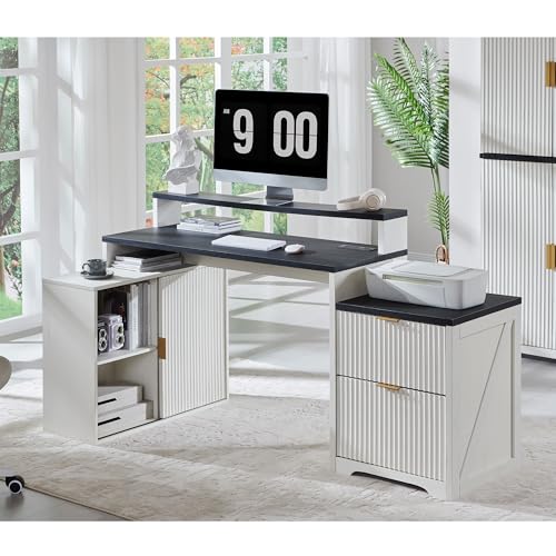 Modern L Shaped Desk with Storage Cabinet & Drawers, Wood Home Office Desk with Power Outlets, Fluted Computer Writing Desk - color: Antique White, size: 33"D x 67"W x 35.5"H