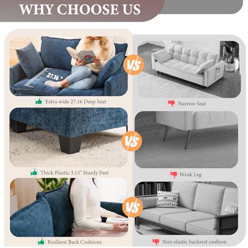 50 Inch Loveseat Sofa | Comfy Small Couch for Bedroom, Living Room, Office | Mini 2 Seater Sofa in a Box | Deep Seat with Double Layer Upholstered Cushion, Removable Cover, Chenille Fabric | Blue - color: Blue, size: 50Inch