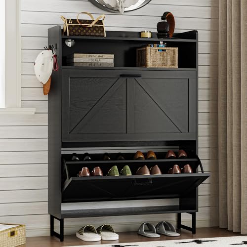 BORNOON Shoe Cabinet with 2 Flip Drawers Narrow Shoe Storage Cabinet Organizer Wooden Freestanding Rack Hidden Slim Storage for Entryway, Hallway, Living Room, Bedroom - color: Black, size: 2-Drawer
