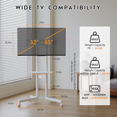 BONTEC Rolling TV Stand with Tilt, Mobile TV Cart for 32–85 Inch TVs, White | Portable Stand with Laptop Shelf, Locking Wheels, Outdoor TV Stand for LED LCD Flat Curved, Holds 132 lbs, Max VESA 600x400mm - color: White, size: 32–85 Inch