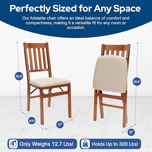 Stakmore Arts and Crafts Wooden Folding Chairs with Padded Seats, Set of 2 - No Assembly Foldable Dining Chairs, Steel Folding Mechanism, Upholstered Cushion, Space-Saving, Fruitwood Frame - color: Fruitwood