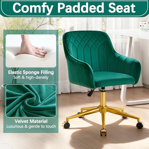VECELO Modern Velvet Swivel Home Office Desk Chair with Back & Rolling Wheels, Adjustable Seat Height for Girls Women Bed Room Vanity Makeup/Task/Computer Work, Green - color: Green