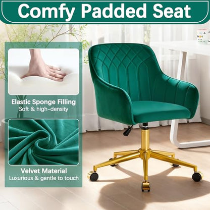 VECELO Modern Velvet Swivel Home Office Desk Chair with Back & Rolling Wheels, Adjustable Seat Height for Girls Women Bed Room Vanity Makeup/Task/Computer Work, Green - color: Green
