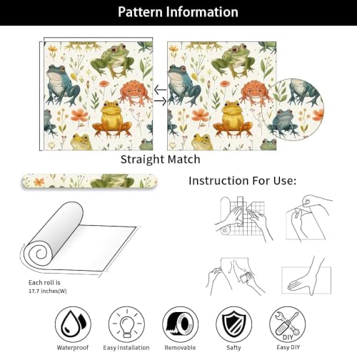 17.7"x118" Boho Cartoon Frogs Peel and Stick Self Adhesive Wallpaper Removable Contact Paper Stick on Easy Peel Off Wall Paper for Kitchen Bedroom Bathroom Renter - size: 17.7" x 118"