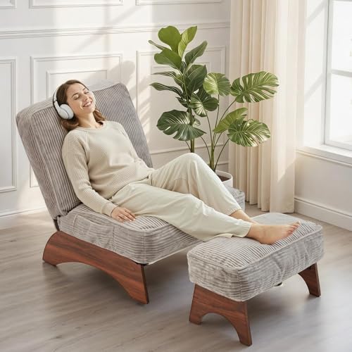 EROMMY Accent Chair with Ottoman, Modern Corduroy Living Room Chair with Adjustable Backrest & Footrest Set, Comfy Reading Chair for Living Room Reading Room Bedroom Guestroom, Gray - color: Grey