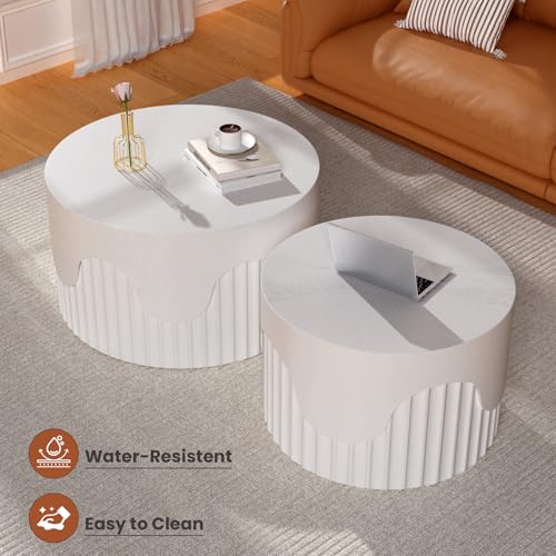 JHKZUDG 2-Pack Nesting Coffee Tables 26.8" & 19.7" White, Fluted Wood | Modern Wood Accent Furniture Set, Space-Saving Design for Living Room & Bedroom, Unique Fluted End Tables - color: 26.77"+19.69" White