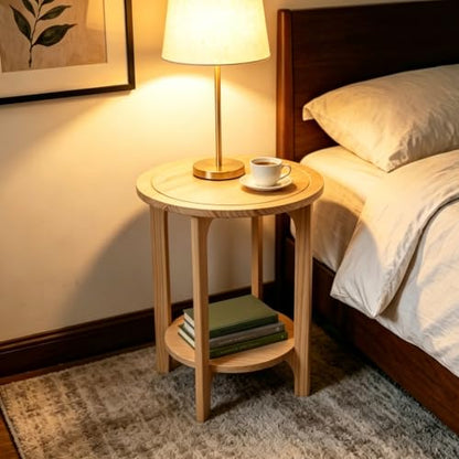Solid Wood Round Side Table for Living Room, Bedroom | 2-Tier Wooden End Tables, Mid Century Modern Circular Nightstand Bedside Table, Easy Assembly (Natural Wood) - color: Natural Wood