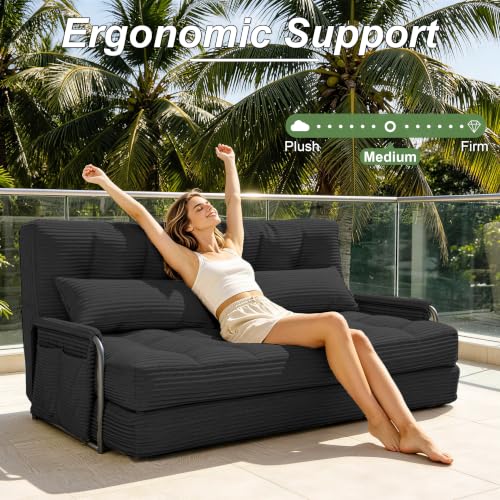 Futon Sofa Bed,Convertible Sofa Bed,Folding Boneless Couches | 3-in-1 Folding Sofa Bed,Boneless Couches for Living Room with Pillow & Side Pocket,High-density Foam,Double Sleeper,Black - color: Balck, size: Full