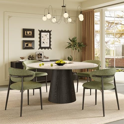 53" Round Dining Table for 6, Sintered Stone Top Solid Wood Pedestal, Snowy White+Black (Table Only) - color: Snowy White+black, size: 53"
