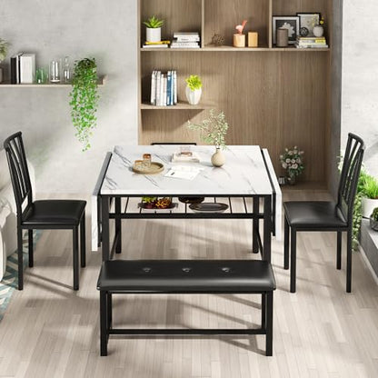 AWQM 4-Piece Faux Marble Drop Leaf Dining Table with Storage Rack, Space Saving Breakfast Nook Table Set with 2 Backrest Chairs and 1 Upholstered Bench, Kitchen Dining Table and Chairs Set for 2-4