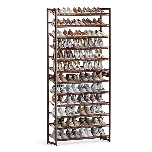 SONGMICS Shoe Rack, 12-Tier Shoe Organizer, Metal Rack for Garage, Set of 2, 6-Tier Stackable Shelf, with Adjustable Flat or Angled Shelves, Holds 48-60 Pairs, Bronze ULMR12A - color: Bronze, size: 12 Tiers (36.4"W)