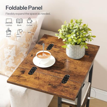 HOOBRO Foldable End Table, C Shaped Side Table with Charging Station, Sofa Couch Table that Slide Under for Living Room Bedroom Small Spaces, Easy Assembly, Rustic Brown and Black BF29USF01