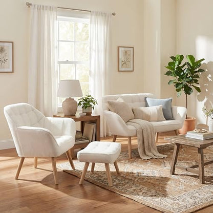 White Sherpa Accent Chair with Ottoman ，Modern Reading Chairs with Ottoman Set, Comfy Fuzzy Armchair Living Room Chair Lounge Chair with Wood Legs for Small Spaces Bedroom Apartment - color: White, size: Chair with Ottoman