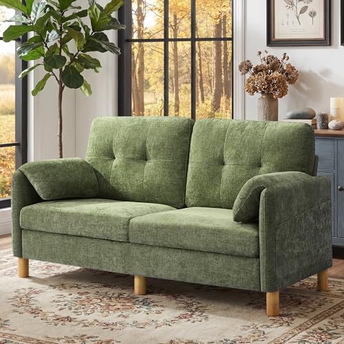 Mid Century Modern Couch, 65" Loveseat Sofa, Green | Storage Pockets, Upholstered Small Loveseat for Small Spaces, Bedroom, Home Office, Apartments - color: Green
