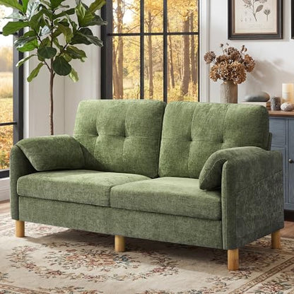 Mid Century Modern Couch, 65" Loveseat Sofa, Green | Storage Pockets, Upholstered Small Loveseat for Small Spaces, Bedroom, Home Office, Apartments - color: Green