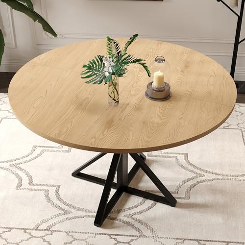 GarveeHome 47 Inch Round Dining Table for 4-6-Oak/Only Table | Circle Kitchen Table with Pedestal Base, Farmhouse Wooden Dining Table for Small Spaces, Kitchen & Dining Room, Living Room - color: Oak