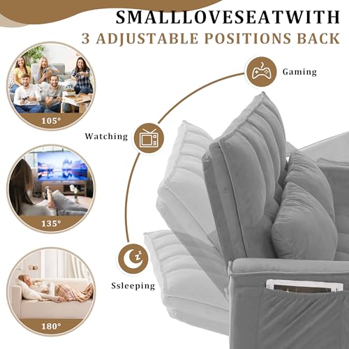 55" Pull Out Sleeper Sofa, Velvet Loveseat with Side Pockets, Grey | Velvet upholstery, 5-level adjustable back, Pull-out bed design, Sturdy frame with side pockets - color: Grey