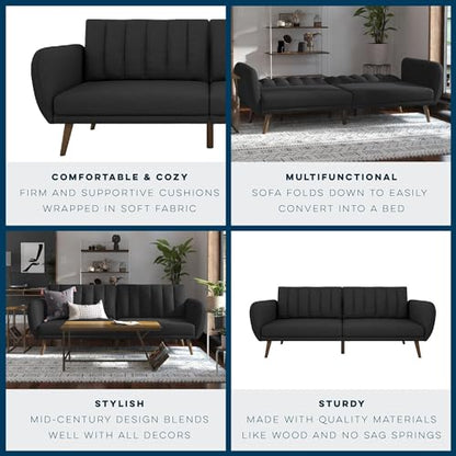 Novogratz Brittany 82 Inch Futon Sofa Bed in Faux Leather, Upholstered Couch Sleeper with Tufted Back, Mid-Century Modern Design, Dark Gray - color: Dark Gray