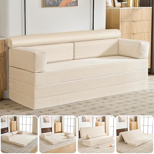 78" 5-in-1 Convertible Sofa Bed, Corduroy Tri-Fold Sleeper Couch, Beige | 30D high-resilience memory foam, soft corduroy fabric, 5-in-1 tri-folding design, for living room, bedroom, apartment - color: Beige, size: 78 inch Sofas Bed