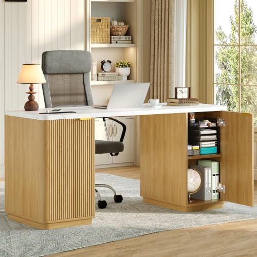63" Fluted Computer Desk with Charging Station and Storage for Bedroom, Home Office | Home Office Desk with 6 Drawers and Power Outlet, Executive Study Writing Desk with Cabinet, Natural